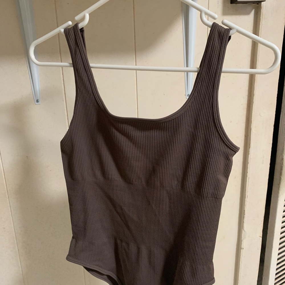 Square Neck Brown Ribbed Bodysuit